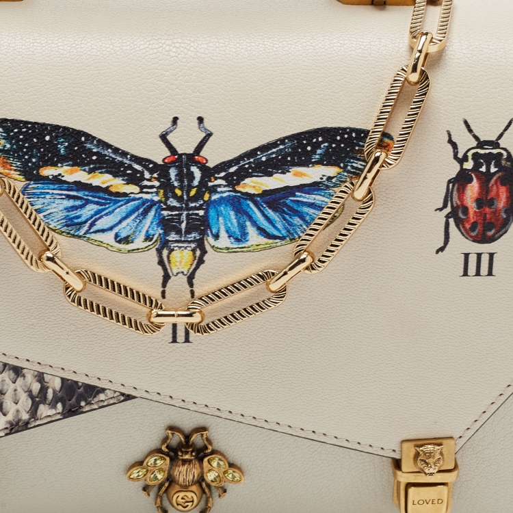 مملوكة مسبقًا Gucci Cream Leather and Snakeskin Small Ottilia Bee Printed Bamboo Top Handle Bag