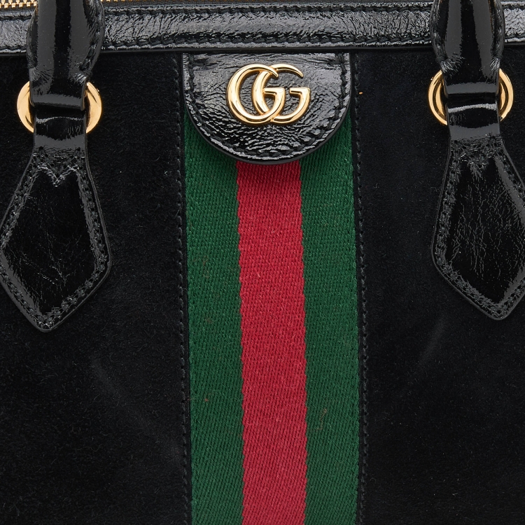 Pre Owned Gucci Black Suede and Patent Leather Medium GG Ophidia Boston Bag
