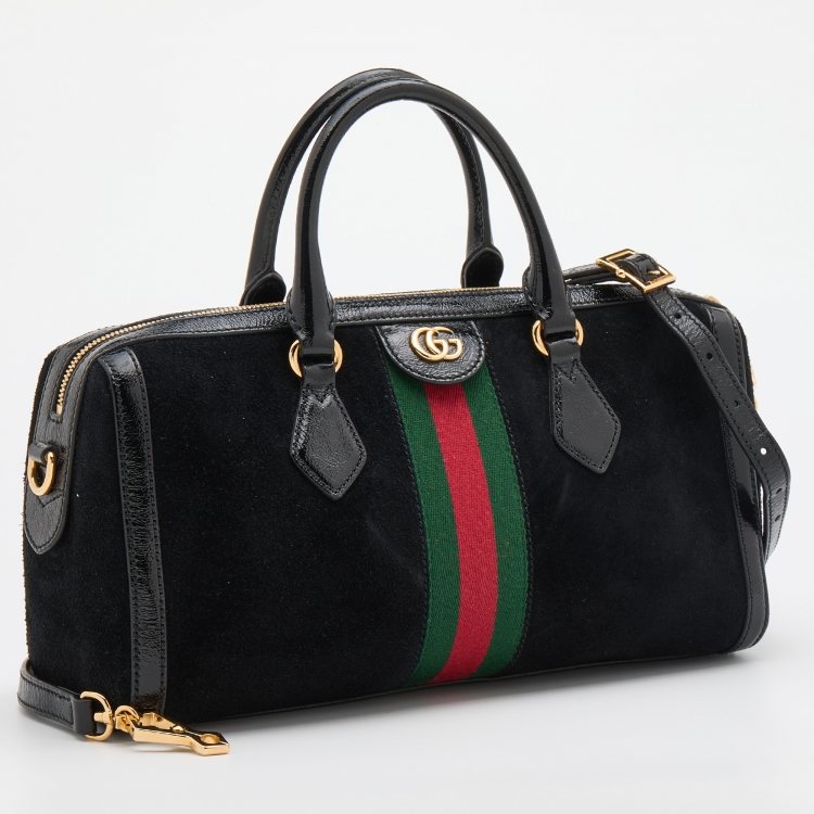 Pre Owned Gucci Black Suede and Patent Leather Medium GG Ophidia Boston Bag