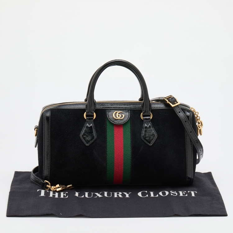 Pre Owned Gucci Black Suede and Patent Leather Medium GG Ophidia Boston Bag