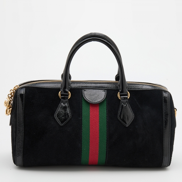 Pre Owned Gucci Black Suede and Patent Leather Medium GG Ophidia Boston Bag