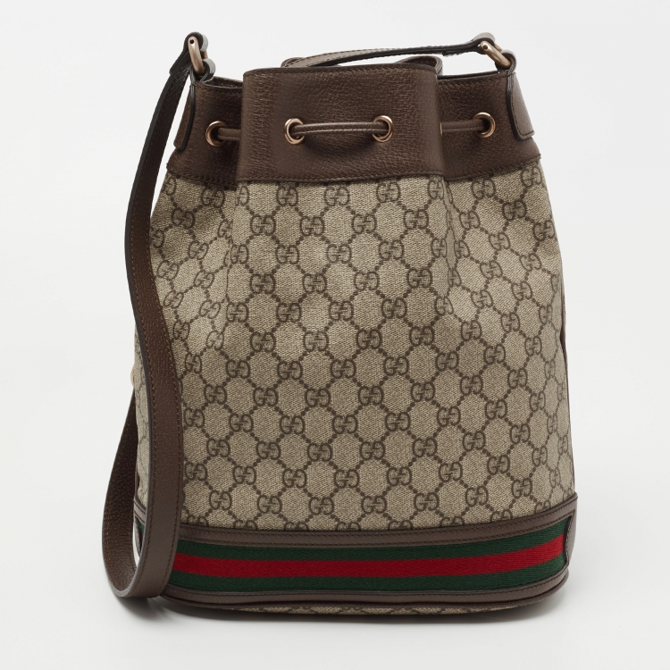 Pre Owned Gucci Beige/Brown GG Supreme Canvas and Leather Ophidia Bucket Bag