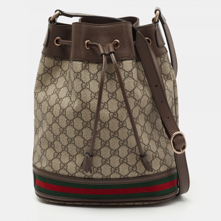 Pre Owned Gucci Beige/Brown GG Supreme Canvas and Leather Ophidia Bucket Bag