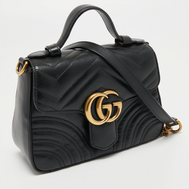 Pre Owned Gucci Black Matelassé Leather Mini GG Marmont Top Handle Bag