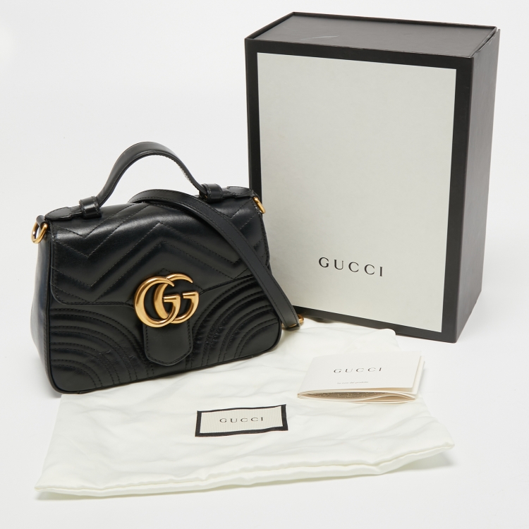 Pre Owned Gucci Black Matelassé Leather Mini GG Marmont Top Handle Bag