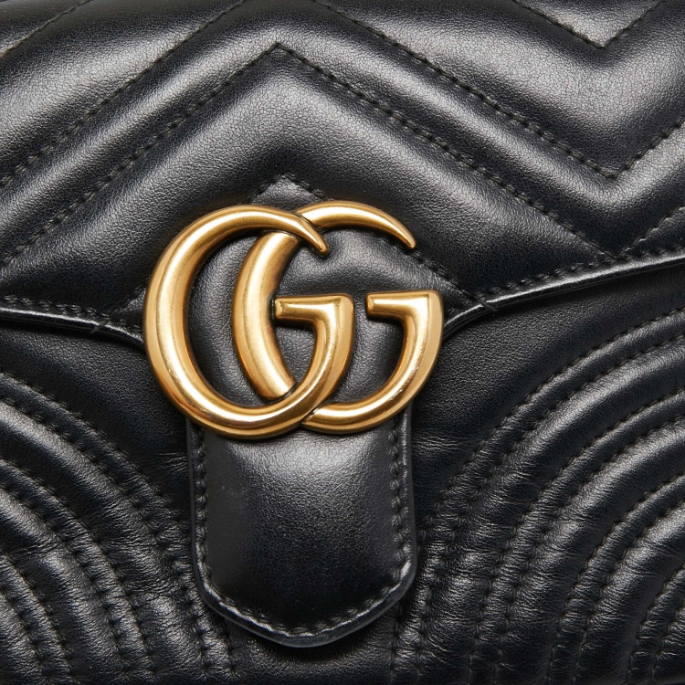 Pre Owned Gucci Black Matelassé Leather Mini GG Marmont Top Handle Bag
