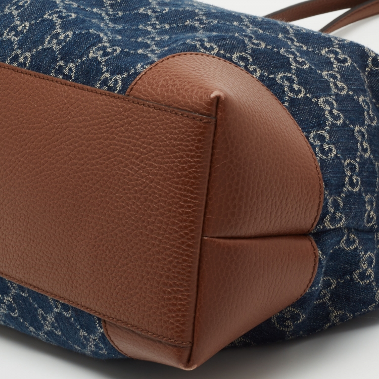 Pre Owned Gucci Blue/Brown GG Denim And Leather Medium Ophidia Shopping Tote