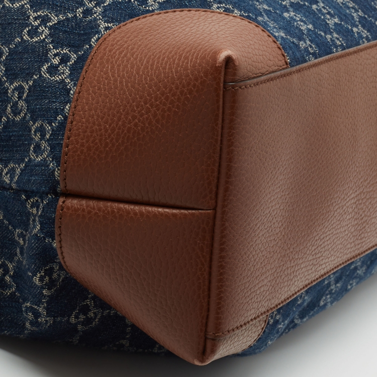 Pre Owned Gucci Blue/Brown GG Denim And Leather Medium Ophidia Shopping Tote