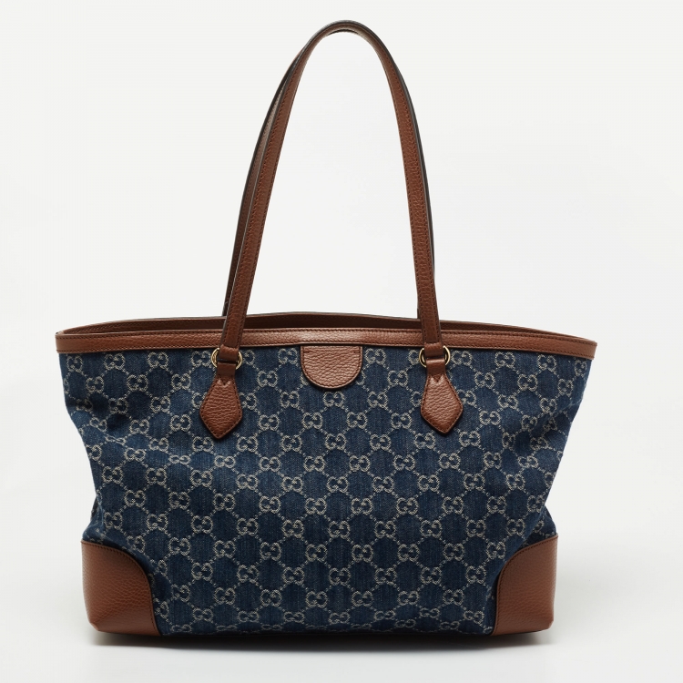 Pre Owned Gucci Blue/Brown GG Denim And Leather Medium Ophidia Shopping Tote