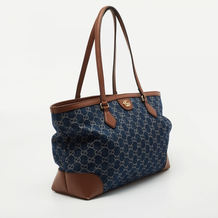 Pre Owned Gucci Blue/Brown GG Denim And Leather Medium Ophidia Shopping Tote