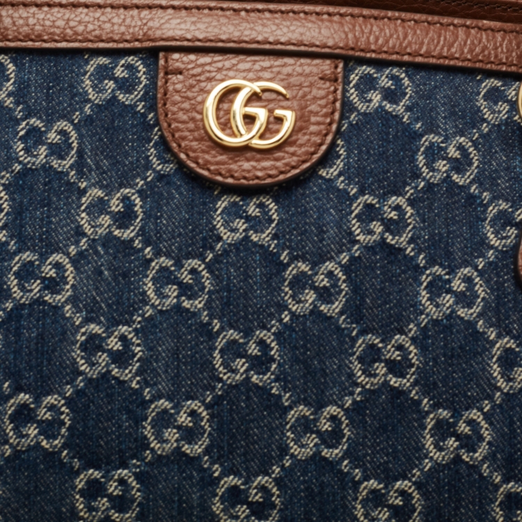 Pre Owned Gucci Blue/Brown GG Denim And Leather Medium Ophidia Shopping Tote