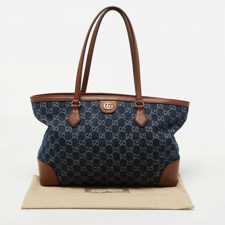 Pre Owned Gucci Blue/Brown GG Denim And Leather Medium Ophidia Shopping Tote