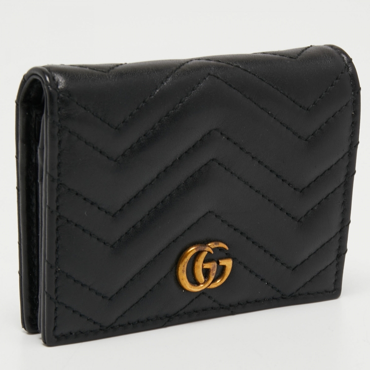 Pre Owned Gucci Black Matelassé Leather GG Marmont Card Case