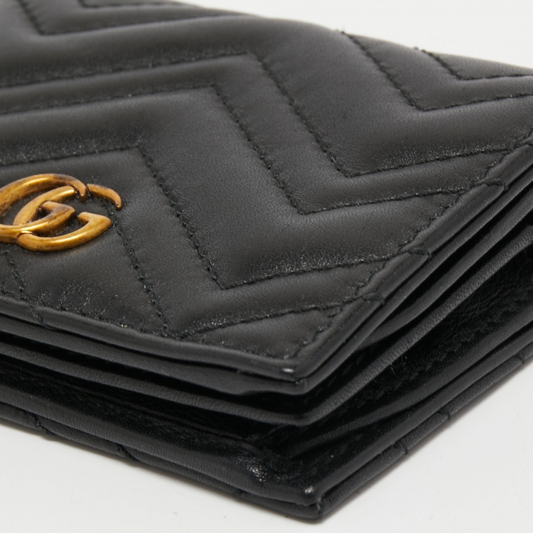 Pre Owned Gucci Black Matelassé Leather GG Marmont Card Case