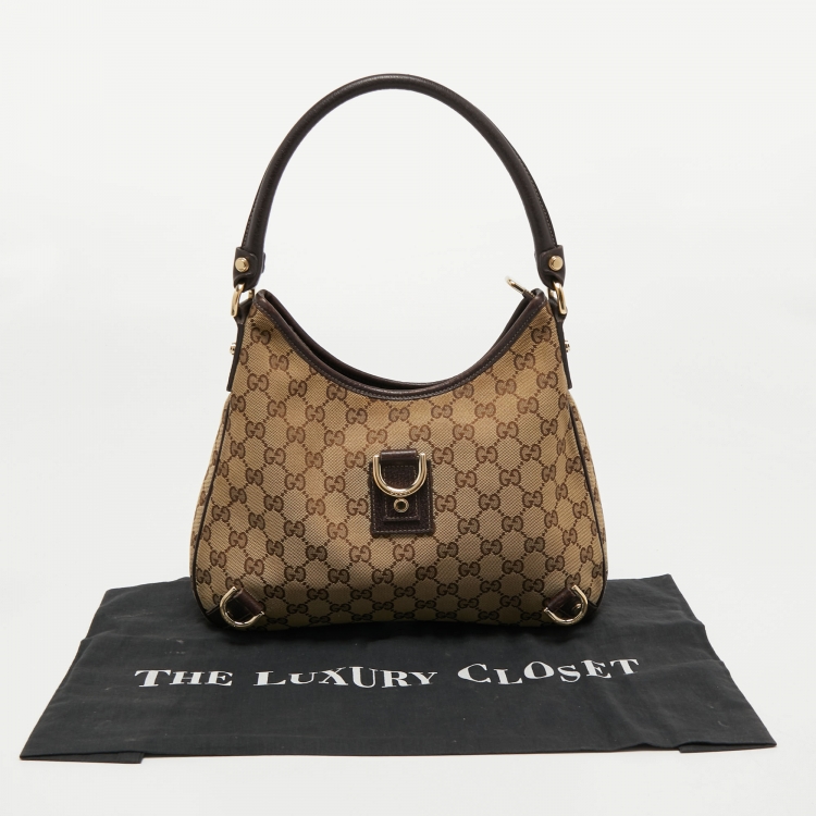 Pre Owned Gucci Beige/Brown GG Canvas and Leather Medium Abbey D-Ring Hobo