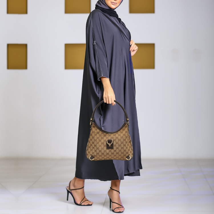 Pre Owned Gucci Beige/Brown GG Canvas and Leather Medium Abbey D-Ring Hobo