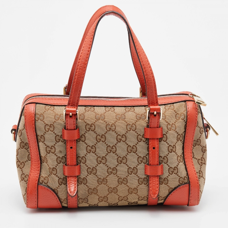 Pre Owned Gucci Beige/Orange GG Canvas and Leather Boston Bag