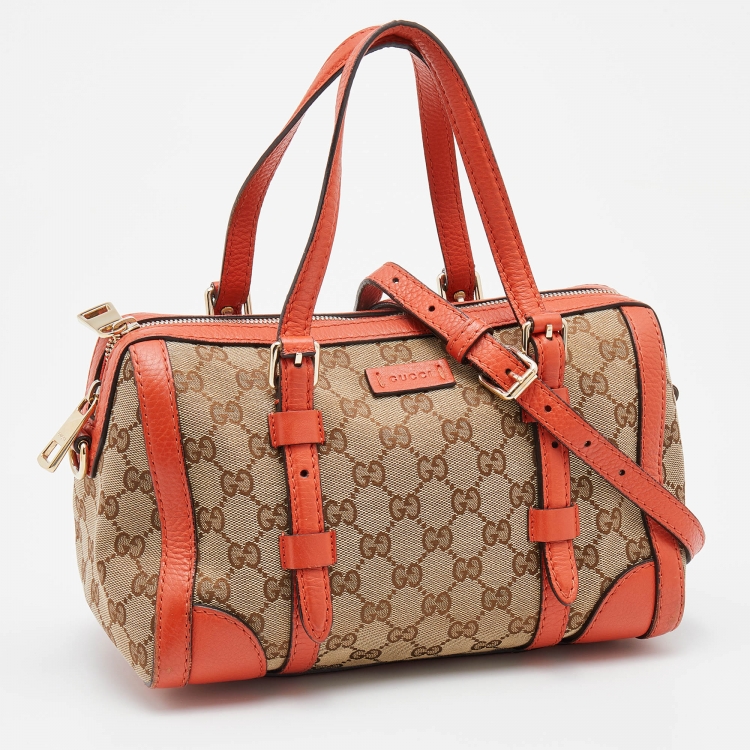 Pre Owned Gucci Beige/Orange GG Canvas and Leather Boston Bag