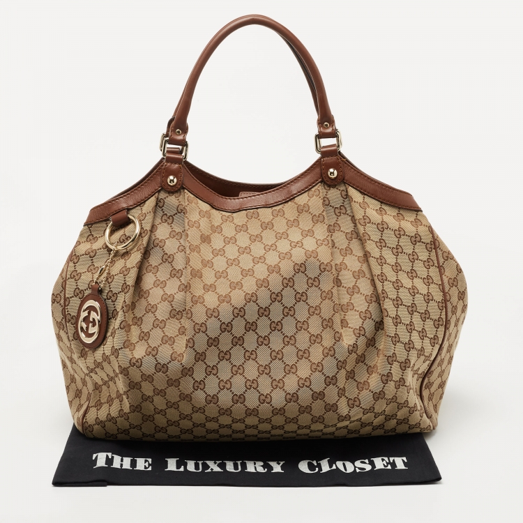 Pre Owned Gucci Brown/Beige GG Canvas and Leather Large Sukey Tote