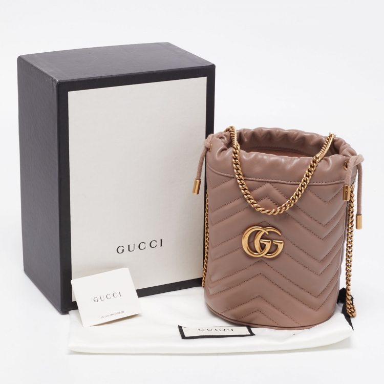 Pre Owned Gucci Beige Matelassé Leather Mini GG Marmont Torchon Bucket Bag      
