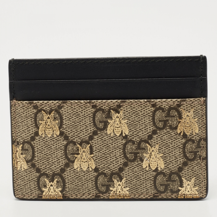 Pre Owned Gucci Beige/Black GG Supreme Canvas and Leather Bee Card Holder  