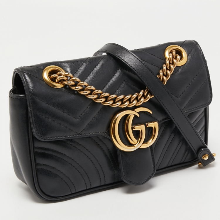 Pre Owned Gucci Black Matelassé Leather Mini GG Marmont Shoulder Bag