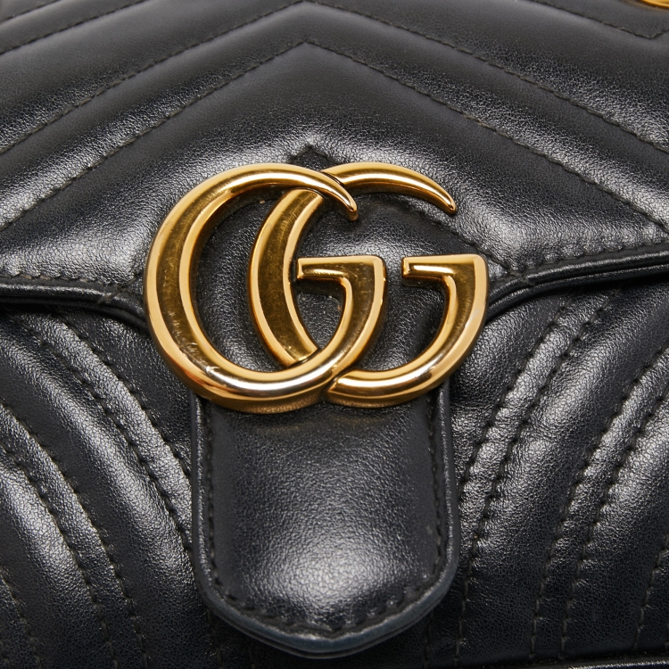 Pre Owned Gucci Black Matelassé Leather Mini GG Marmont Shoulder Bag
