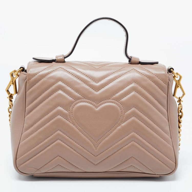 Pre Owned Gucci Beige Matelasse Leather Small GG Marmont Top Handle Bag
