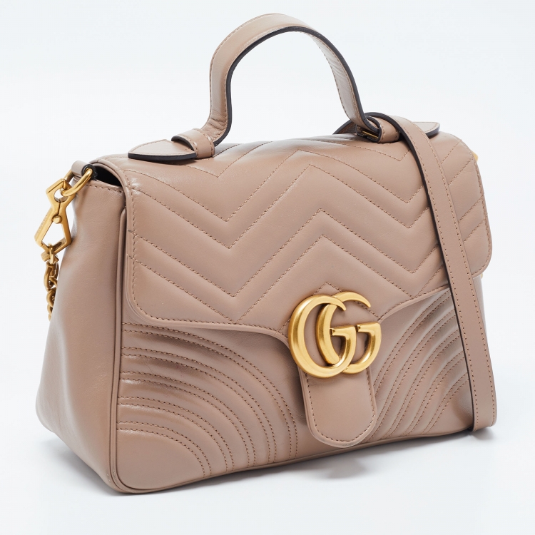 Pre Owned Gucci Beige Matelasse Leather Small GG Marmont Top Handle Bag