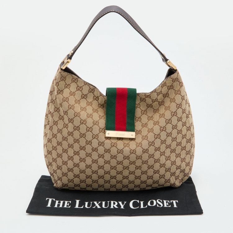 Pre Owned Gucci Beige/Brown GG Canvas and Leather New Ladies Web Hobo