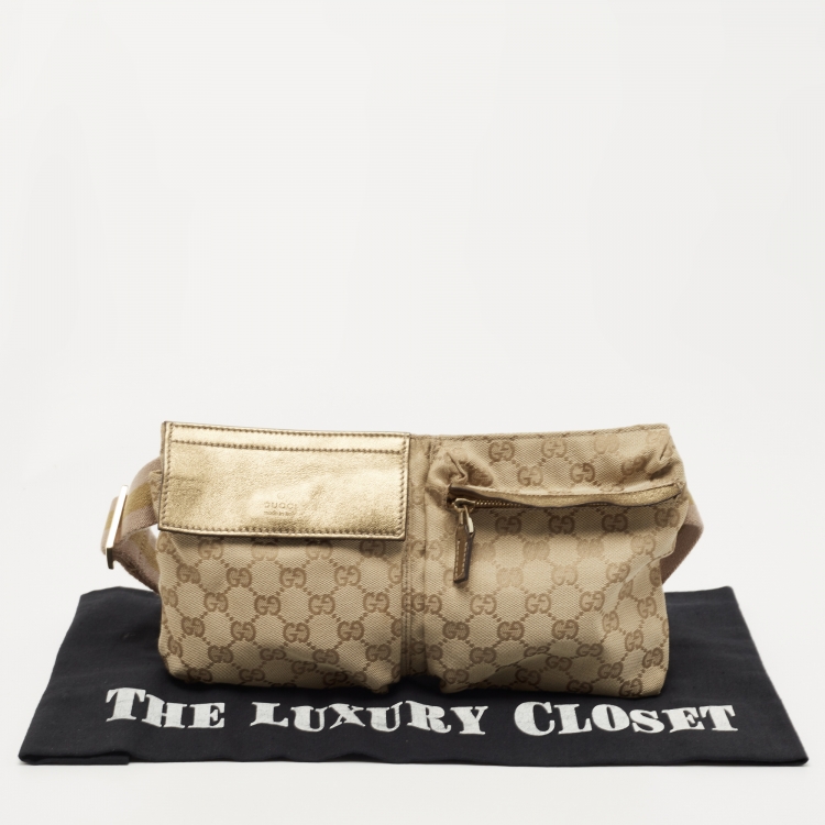 Pre Owned Gucci Beige/Gold GG Canvas and Leather Double Pocket Belt Bag