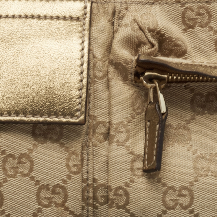 Pre Owned Gucci Beige/Gold GG Canvas and Leather Double Pocket Belt Bag