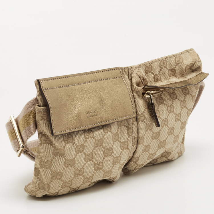 Pre Owned Gucci Beige/Gold GG Canvas and Leather Double Pocket Belt Bag