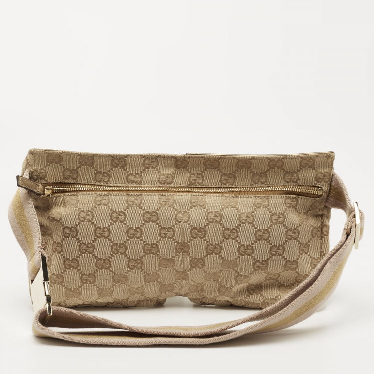 Pre Owned Gucci Beige/Gold GG Canvas and Leather Double Pocket Belt Bag