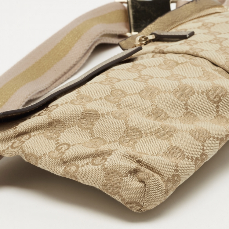 Pre Owned Gucci Beige/Gold GG Canvas and Leather Double Pocket Belt Bag