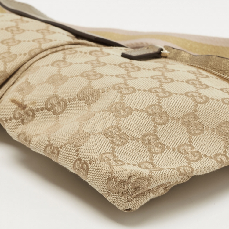 Pre Owned Gucci Beige/Gold GG Canvas and Leather Double Pocket Belt Bag