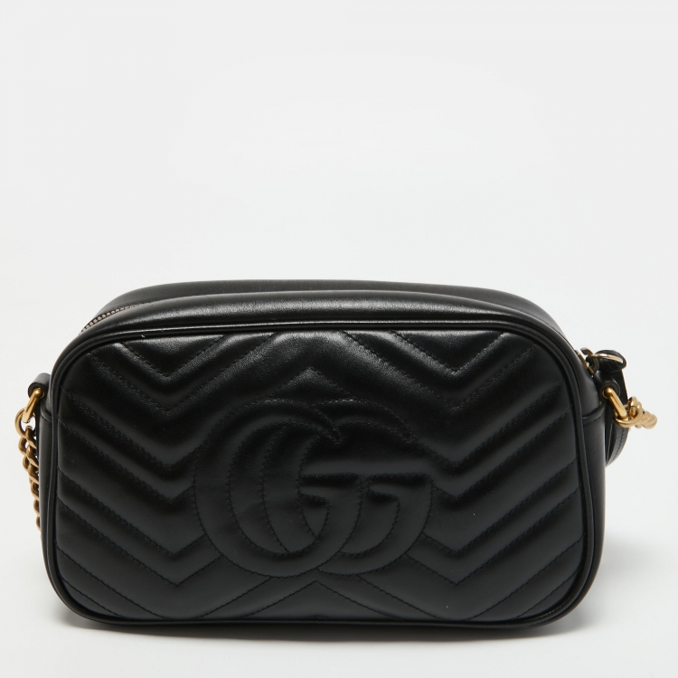 Pre Owned Gucci Black Matelasse Leather Small GG Marmont Shoulder Bag