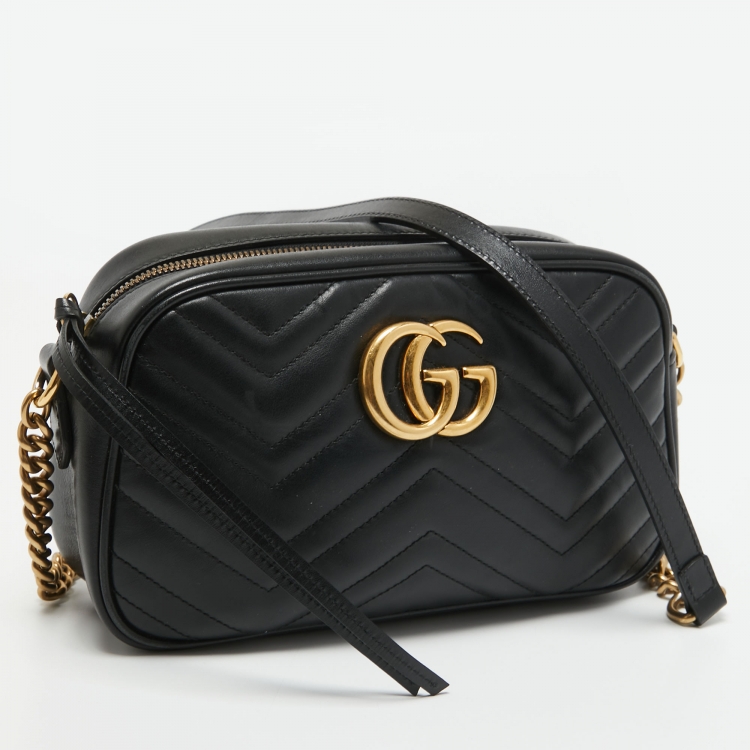 Pre Owned Gucci Black Matelasse Leather Small GG Marmont Shoulder Bag