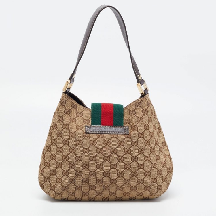 Pre Owned Gucci Beige/Brown GG Canvas and Leather Medium New Ladies Web Hobo