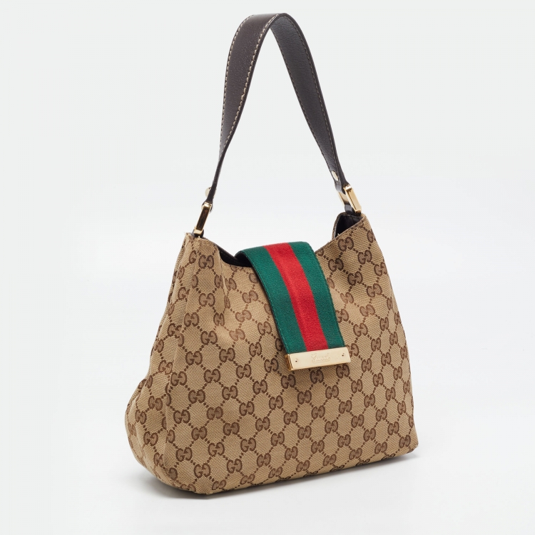 Pre Owned Gucci Beige/Brown GG Canvas and Leather Medium New Ladies Web Hobo