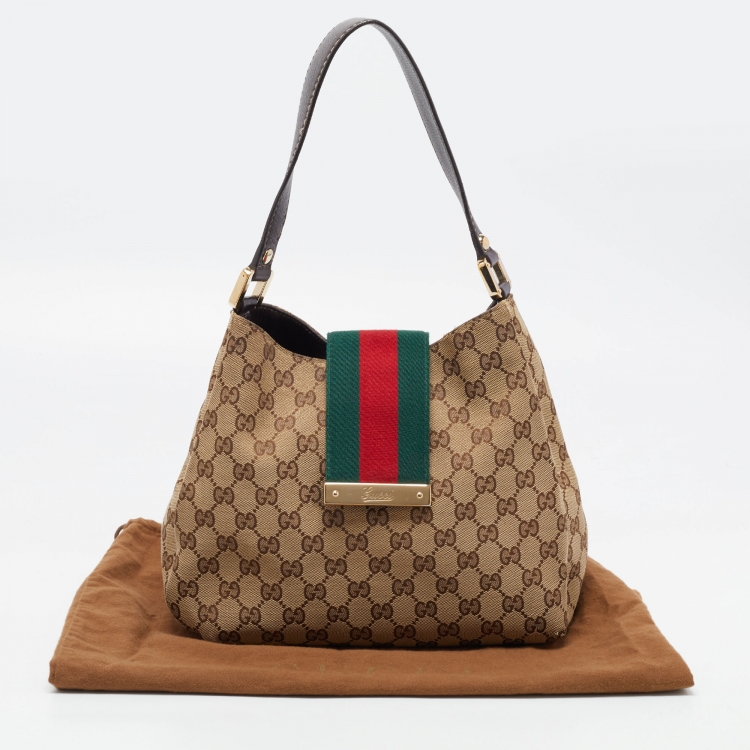 Pre Owned Gucci Beige/Brown GG Canvas and Leather Medium New Ladies Web Hobo