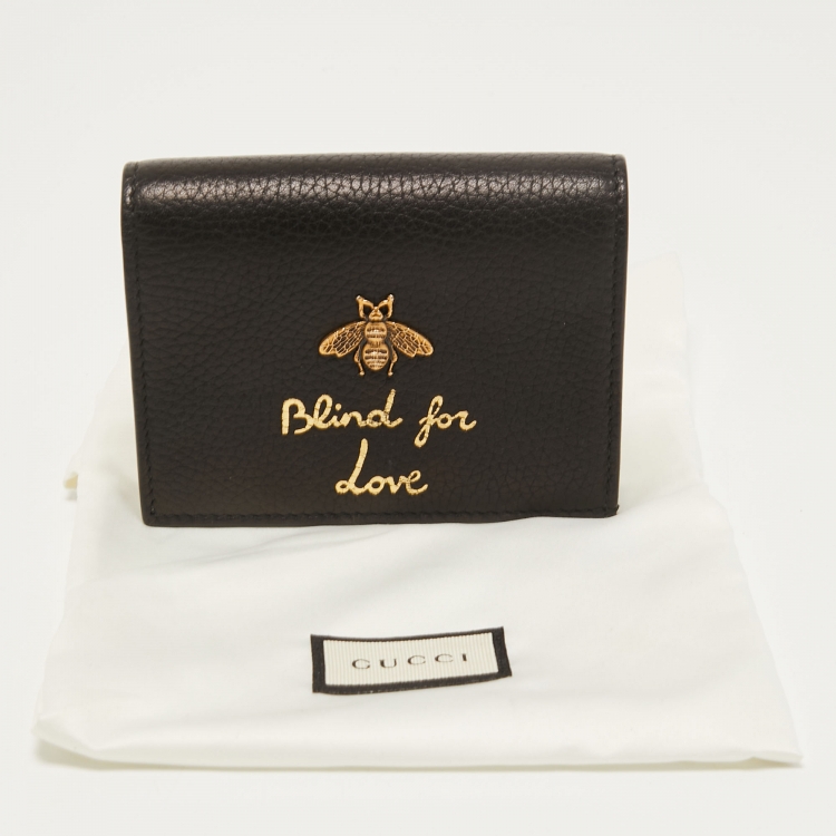 Pre Owned Gucci Black Leather Blind For Love Bee Card Case