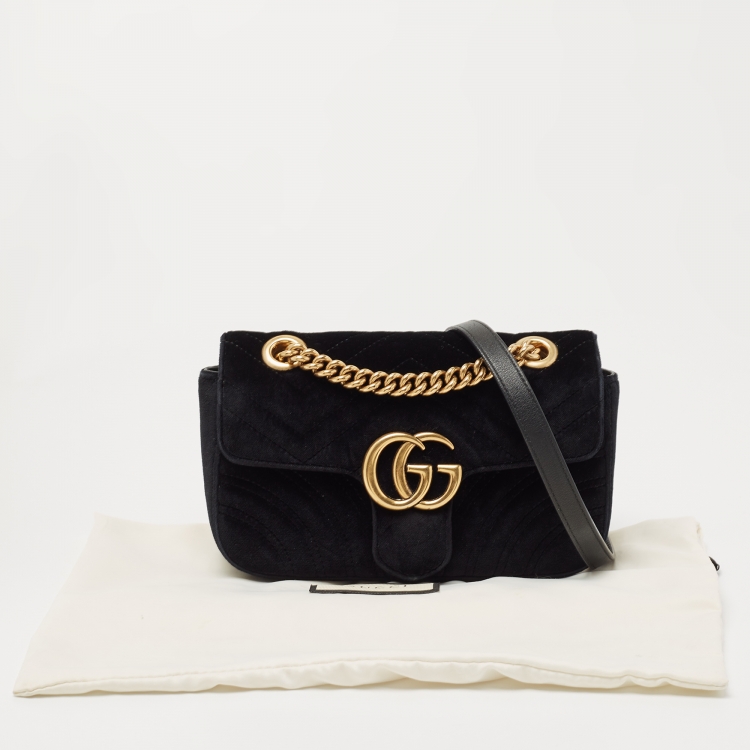 Pre Owned Gucci Black Matelassé Velvet Mini GG Marmont Shoulder Bag