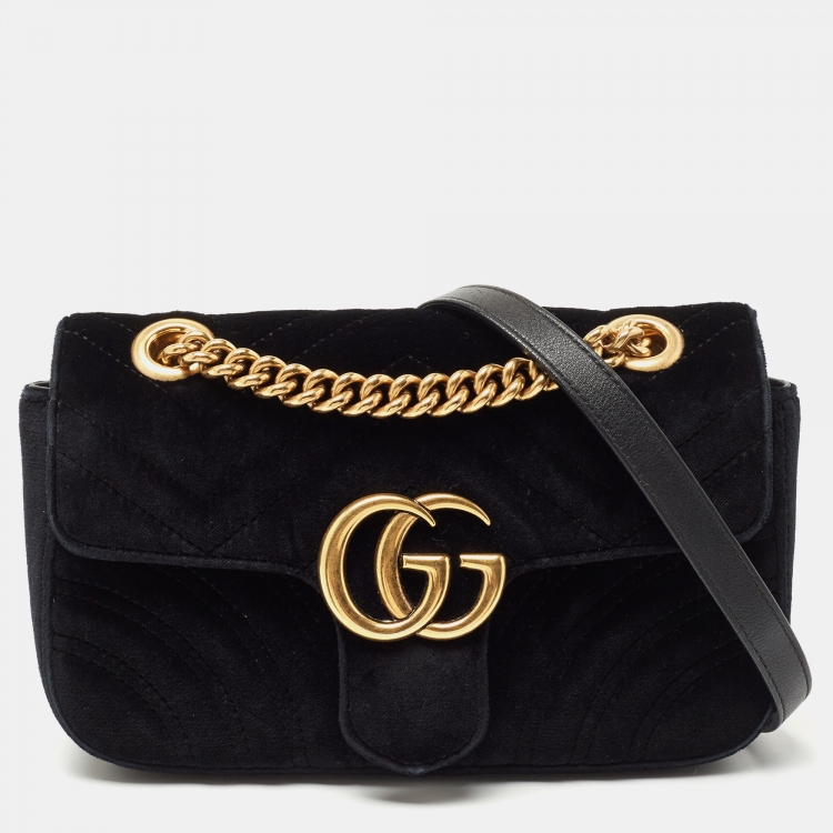 Pre Owned Gucci Black Matelassé Velvet Mini GG Marmont Shoulder Bag