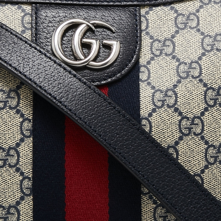 Pre Owned Gucci Navy Blue/White GG Supreme Canvas and Leather Small Ophidia Shoulder Bag