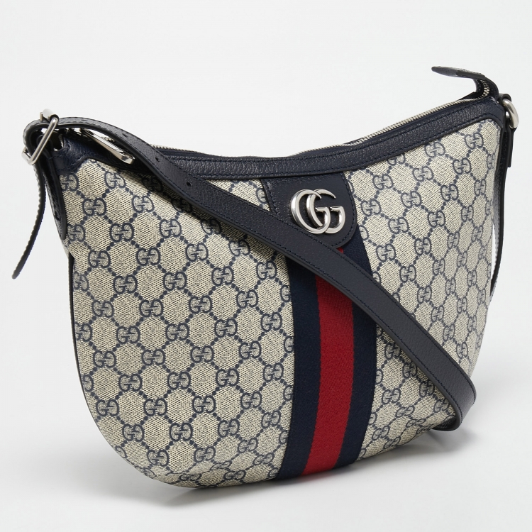 Pre Owned Gucci Navy Blue/White GG Supreme Canvas and Leather Small Ophidia Shoulder Bag