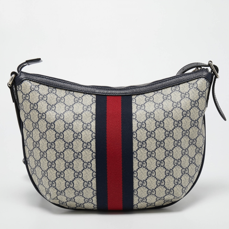 Pre Owned Gucci Navy Blue/White GG Supreme Canvas and Leather Small Ophidia Shoulder Bag