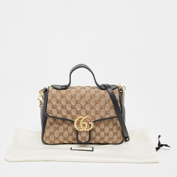 Pre Owned Gucci Black/Beige Matelasse GG Canvas and Leather Small GG Marmont Top Handle Bag