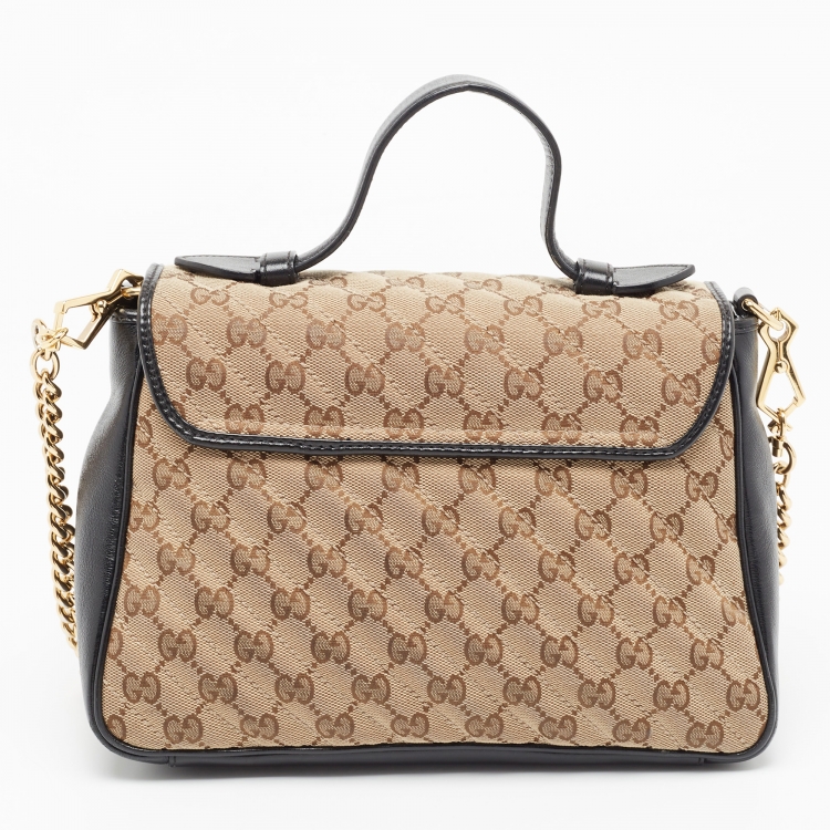 Pre Owned Gucci Black/Beige Matelasse GG Canvas and Leather Small GG Marmont Top Handle Bag