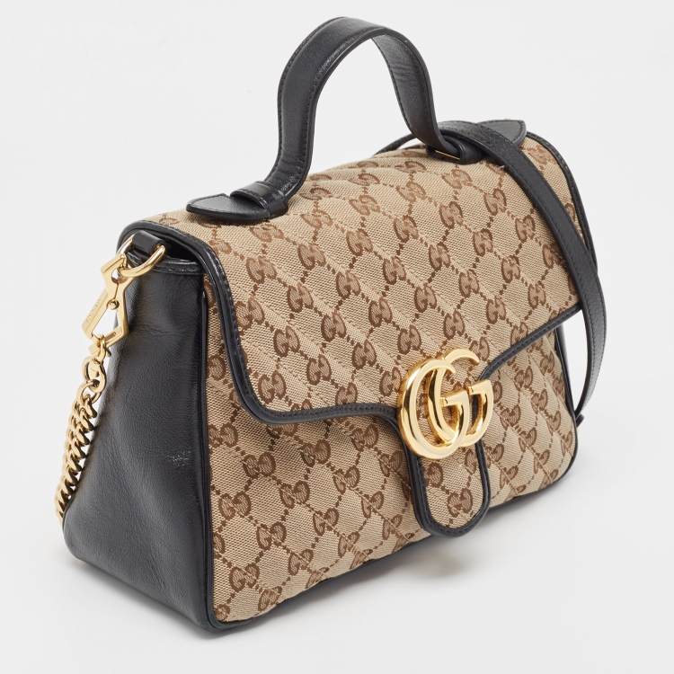 Pre Owned Gucci Black/Beige Matelasse GG Canvas and Leather Small GG Marmont Top Handle Bag